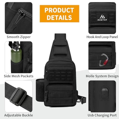HUNTVP Sling Bag with Water Bottle Holder for Men Women, MOLLE Tactical Water Resistant Chest Bag with USB Port, Lightweight Crossbody Shoulder Backpack for Travel, Hiking, Cycling — view 4