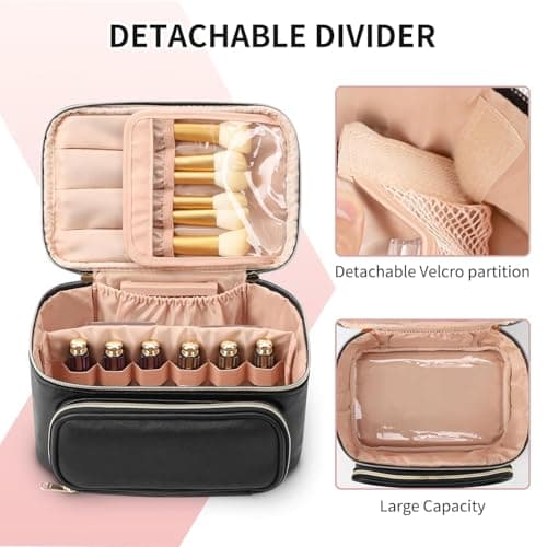 Large Makeup Bag Travel Cosmetic Bag with Makeup Brushes Compartment Black — view 2
