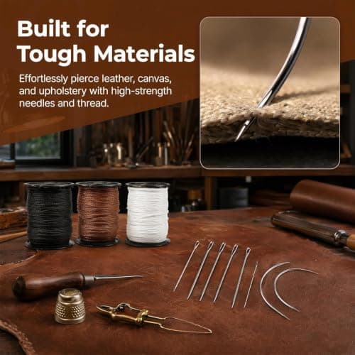 3 Pcs Heavy Duty Nylon Thread and Needle Kit, Strong Sewing Thread with 7 Large Eyes and Hand-Sewn Stitches for DIY Leather Hand Stitching, Canvas Repair, Upholstery, Carpet, Luggage, Outdoor Awnings — view 5