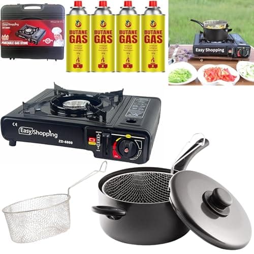 Camping 3 PIECE Cooking Set 8-Inch Nonstick Chip Pan with Lid & Basket and Portable Gas Stove with 4 Butane Canisters – Ideal for Deep Frying & Outdoor Indoor Cooking Camping Picnic Party BBQ.