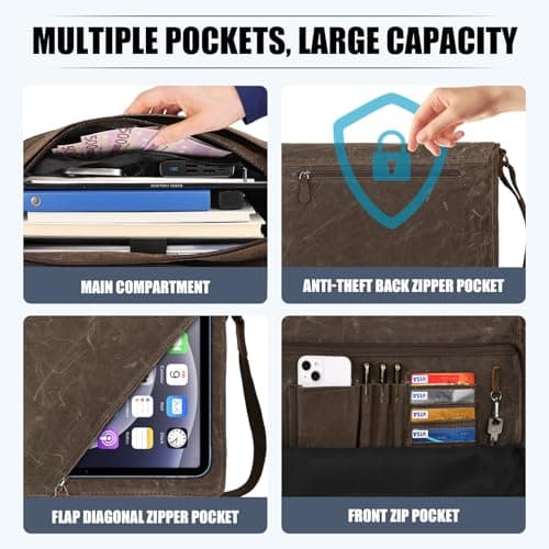 Eshow 14 Inch Messenger Bags for Men Women, Water-Resistant Canvas Shoulder Bag with Multi Pockets, Reliable Commuter Laptop Briefcase for Daily Travel, Brown — view 5