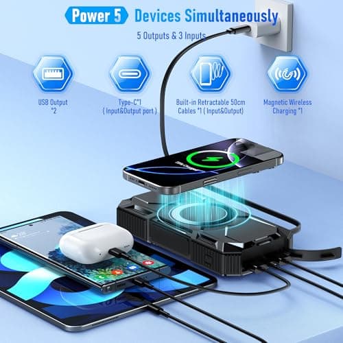 26800mAh Magnetic Wireless Power Bank, 30W Fast Charging Battery Pack with 3 Outputs, Built-in Retractable USB-C Cable, LED Flashlight, Solar Portable Charger for Smartphone, Travel, Emergency — view 3