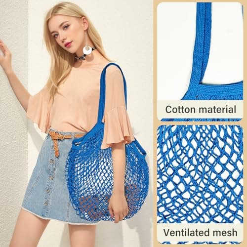 AfitLulu Mesh Beach Bags for Women, Cotton Mesh Bag Large Tote Bag Reusable Shopping Bag Beach Tote Bag with Handle, Mesh Bags for Shopping Travel Vacations (White) — view 3