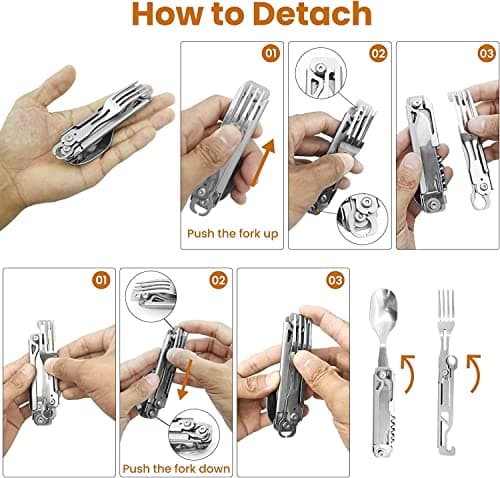 HONZIN Folding Camping Cutlery Set, 5 in 1 Multifunctional Portable Stainless Steel Cutlery, Outdoor Detachable Tableware Utensil for Travel, Hiking, Picnic, with Drawstring Pouch (2 Packs) — view 3