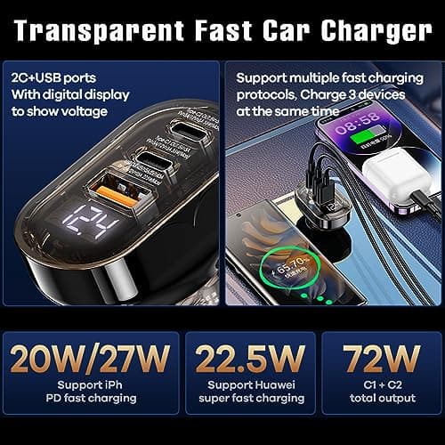 USB C Car Charger Adapter Cigarette Lighter USB Charger, 3 Port Car Phone Charger Voltage Display, PD3.0/QC3.0 Type C Car USB Charger Adapter for iPhone Samsung Galaxy Tablets Laptop & More — view 3