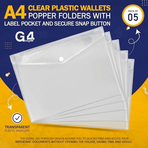 G4GADGET A4 Clear Plastic Wallets – Pack of 5, Popper Document Folders with Label Pocket & Snap Button – Multicolored Plastic Envelope for Home, Office, School & Travel — view 2