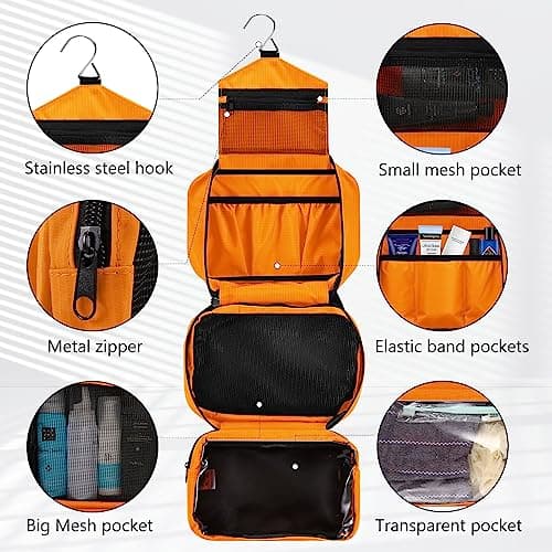 homchen Hanging Travel Toiletry Bag, Waterproof Folding Portable Cosmetic Wash Bag for Men and Women (L, Orange) — view 5