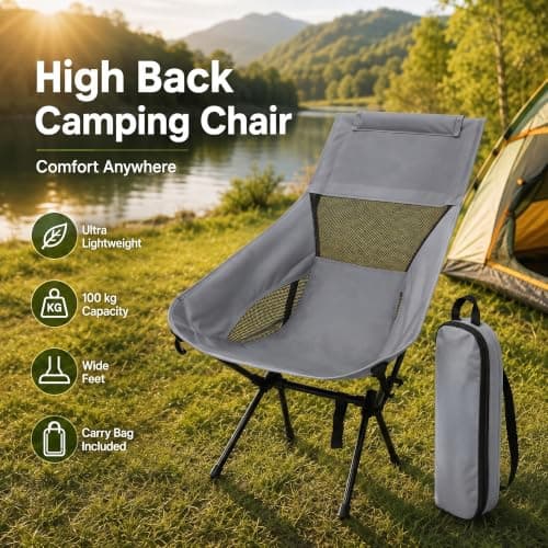 HomlyPro High Back Camping Chair with Wide Feet & Carry Bag, Pack of 1 - Ultra Lightweight & Compact Foldable Chair for Adults, Ideal for Beach, Garden, Picnic, Fishing & Travel (Grey) — view 3