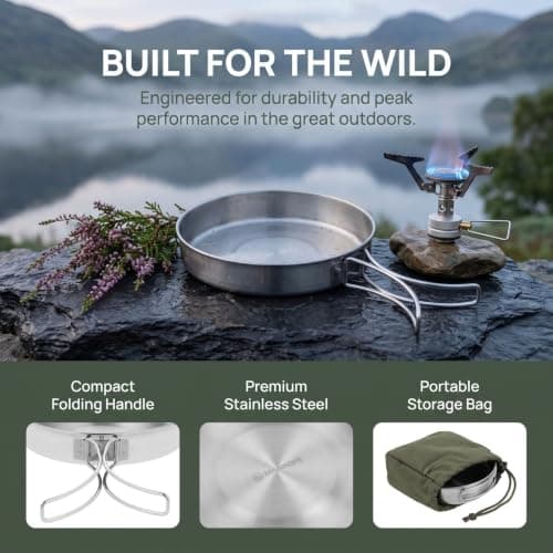 Toyvian Portable Frying Pan: Camping Stainless Steel Frying Pan with Folding Handles Outdoor Griddle Stir- Tableware Cookware for Hiking and Picnic Use, Outdoor Non-Stick Camping Utensils — view 4