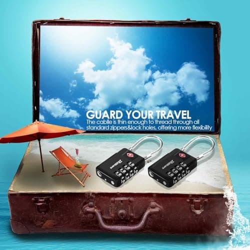 2 Pack TSA Approved Luggage Locks, Alloy 4-Digit Combination Travel Cable Padlock, Metal Waterproof Lock, TSA Accepted Outdoor Keyless Resettable Lock for Lockers, Bags, Gym, Gate-Black — view 6