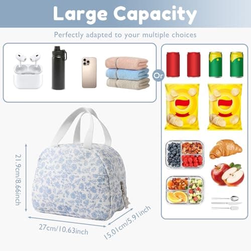 Lunch Bag for Women Thermal Insulated Cooler Lunch Bags Adults Kids Packed Lunch Box Tote Bag Leakproof Reusable Meal Prep Container for Work School Picnic Travel Beach(Blue Flower Print) — view 6