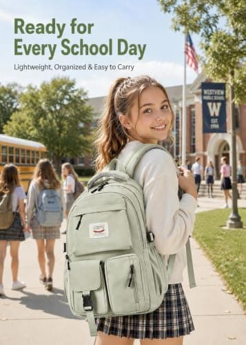 FIORETTO Lightweight School Backpack Womens, Cute School Bag for Teenager Girls, 15.6 Laptop Rucksack Backpack for School Casual Daypacks Travel Backpack for College Work Green 25L — view 3
