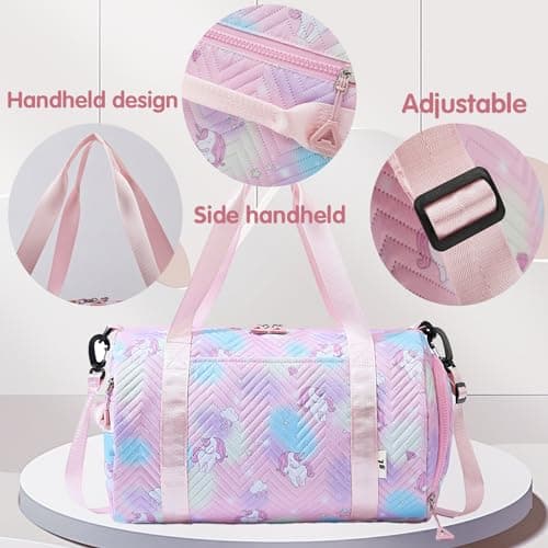 YOUYIKE Small Gym Bag for Girls, Unicorn Travel Bags, Swim with Shoes Compartment & Waterproof Pocket, Waterproof Dance Bag, for Girls Fitness Workout, Travel, Dance, Ballet, Swim, Pink — view 3
