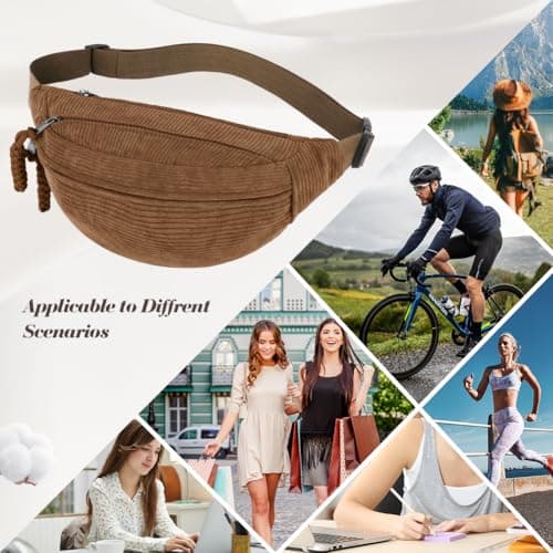 Aucuu Corduroy Waist Bag, Corduroy Bumbag, Women's Shoulder Bag, Belt Bags, Fashion Sports Chest Bags with Adjustable Shoulder Straps, Waist Pack for Daily Use, Outdoor Sports, Hiking, Travel（Brown） — view 6