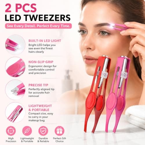 WUERKIYA 2-Pack LED Tweezers Set – Precision Stainless Steel Eyebrow Tweezers with Built-in Light – Enhanced Beauty Tool for Facial Hair Removal – Portable Grooming Kit in Red and Rose Gold — view 6
