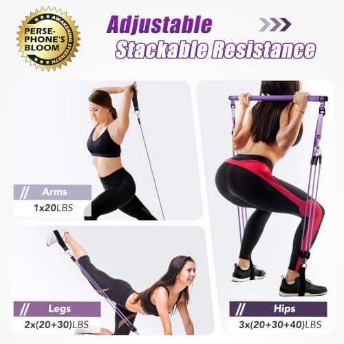 ALongSong Pilates Equipment Pilates Reformer Bar Set With 6 Elastic Resistance Bands 20-180LBS & Door Anchor for Full-Body Fitness Toning & Muscle Building | Home Workout/Gym/Travel-Purple — view 2