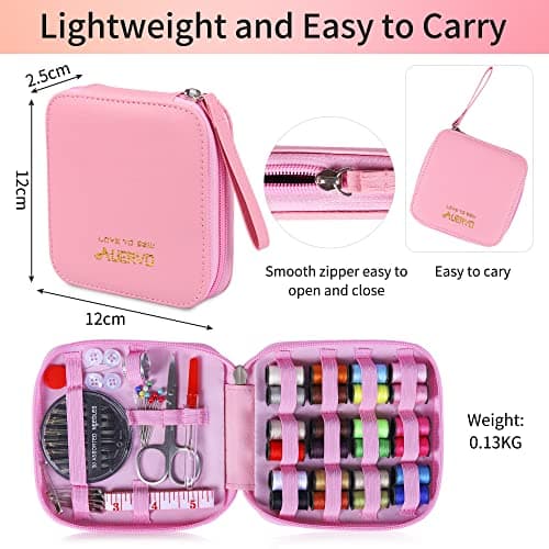 Pink Sewing Kit, AUERVO Mini Basic Sewing Kits with Leather Case Thread and Needles Set for Adults, DIY,Home, Travel & Emergency with Zipper Compact Small Waterproof Durable — view 2