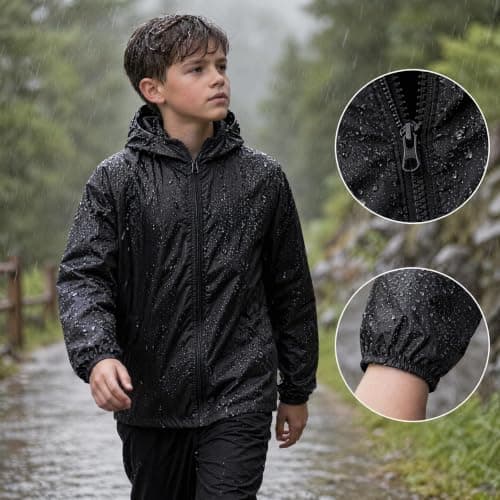Pleyihe Kids Waterproof Jacket Boys Girls Lightweight Packable Rain Jacket Sun Protection Outdoor Raincoat for Hiking School Cycling Running (UK, Age, 13 Years, 14 Years, Regular, Black) — view 2