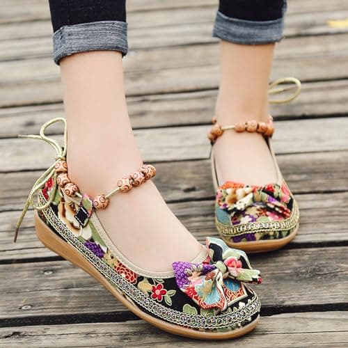 luoluoluo Womens Wedge Slip On Flats UK Sale, Bohemian Shoe Ethnic Comfy Closed Toe Platform Shoes Flower Print Sliders Bow Sandals Flat Mule Sandals Spring Summer Shoes Lightweight for Travel — view 4