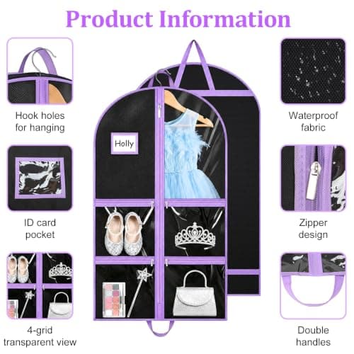 COEWUR Clothes Covers, 2Pack 40 inch Waterproof Hanging Costume Garment Bags with 4 Clear Zipper Pockets and Id Slot Pockets, Foldable Dance Costume Bag for Dancers Travel Competitions (Purple) — view 4
