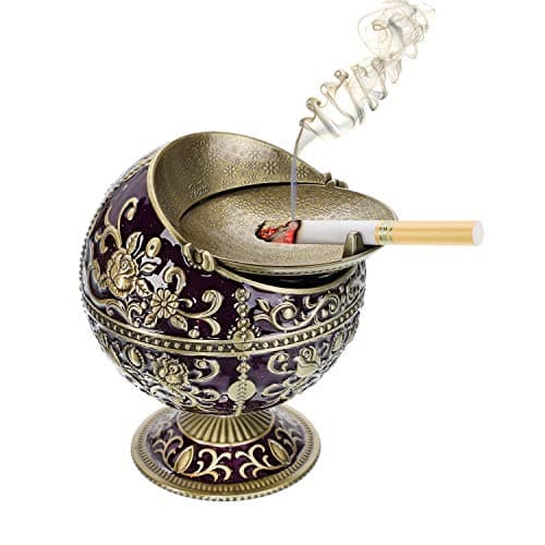 Windproof Ashtray with Lid for Cigarettes Metal Portable Cigar Ashtray Odor Eliminator for Indoor outdoor Hand Stamped Rose Pattern with Sparkle Fancy Gift for Men Women (Dark Purple-Bronze) — view 2