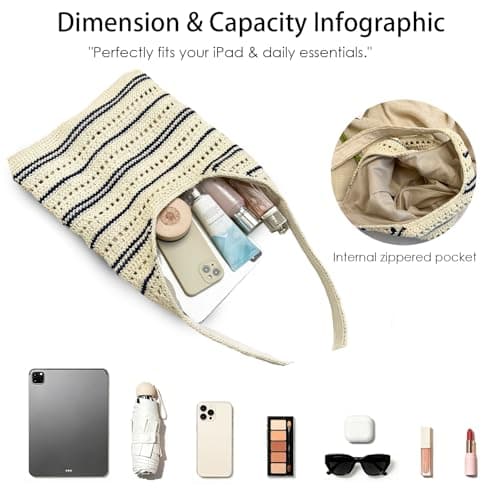 unisoul Striped Knitted Beach Bag for Women，Crochet Tote Bag with Zipper and Lining, Boho Summer Shoulder Bag for Holiday Travel, Lightweight Aesthetic Mesh Handbag, Foldable Shopping Bag, Khaki — view 5