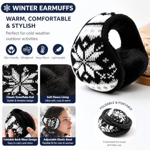 Unisex Winter Earmuffs, Foldable Behind Head Knitted Wool Ear Warmers with Adjustable Elastic Band, Snowflake Pattern Thermal Earmuffs for Outdoor Cold Weather Activities Travel — view 3