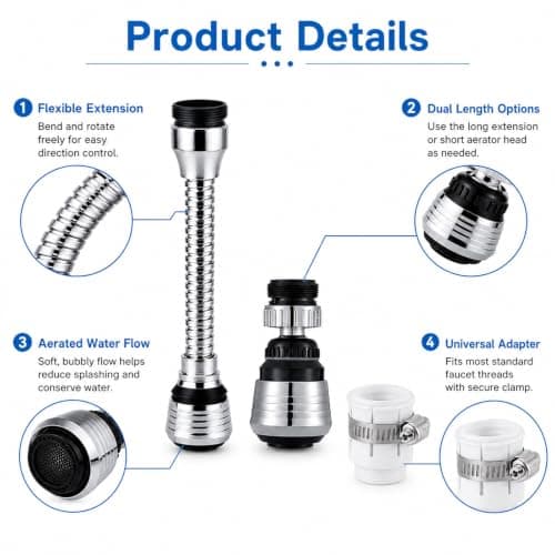 JWJDSAK 2 Pack Kitchen Tap Spray Head Set, 360° Swivel Tap Aerator with Universal Adapter, 2 Water Modes Splash Proof Faucet Extender for Kitchen Sink Bathroom Taps — view 3