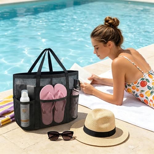 flintronic Women's Mesh Beach Bag, Large Tote Bag, Lightweight Pool Bag with 8 Pockets, Foldable Travel Bag for Swimming, Picnic, Gym, Shopping and Daily Use(59×39×21cm) — view 3