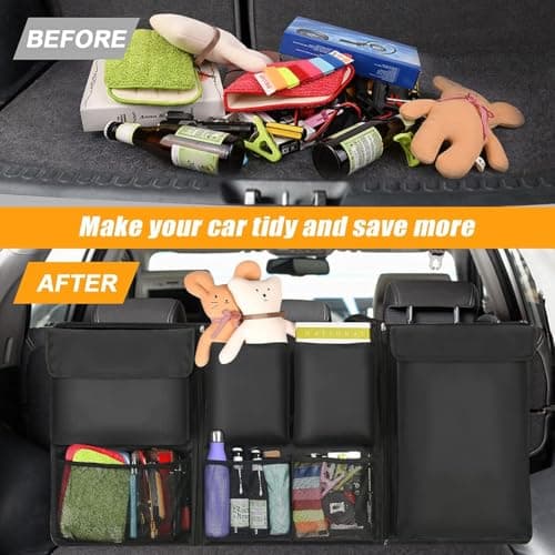 URAQT Car Boot Organiser, Trunk Tidy Organiser Bag, Detachable Multi-Pocket Seat Back Protectors with Zipper, Water-Proof Durable Foldable Children's Travel Storage Black,101x46cm — view 6
