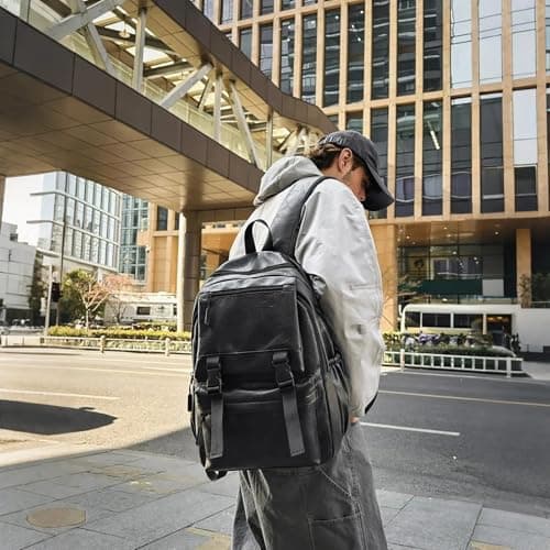 Fuaihui Black Leather Rucksack Men, PU Leather Laptop Backpack for Men, Water-Resistant 15.6 Inch Large Capacity Gothic Business School Travel Rucksack — view 3