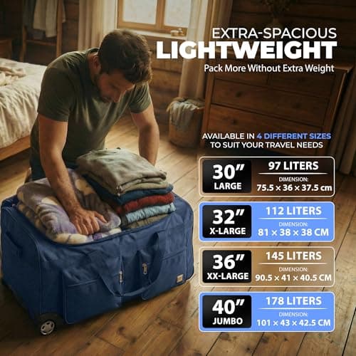 ATX Luggage 40" Jumbo Wheeled Duffle Bag Lightweight Rolling Wheels Suitcase Extra Durable Holdall for Sports Travel and Cargo | Navy — view 2