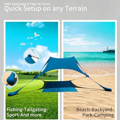 Cuupo Beach Tent Pop Up 2x2.1m UPF 50 Lycra Sun Protection Outdoor Anti-Wind Sun Protection with Stability Poles Backyard with Beach Blanket Petrol Blue — view 5