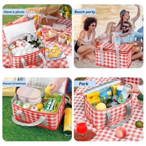 Insulated Picnic Baskets with Large Capacity Picnic Bag and Blanket, Portable Waterproof Beach Bags for Hot or Cold Outdoor Activities, Red — view 6