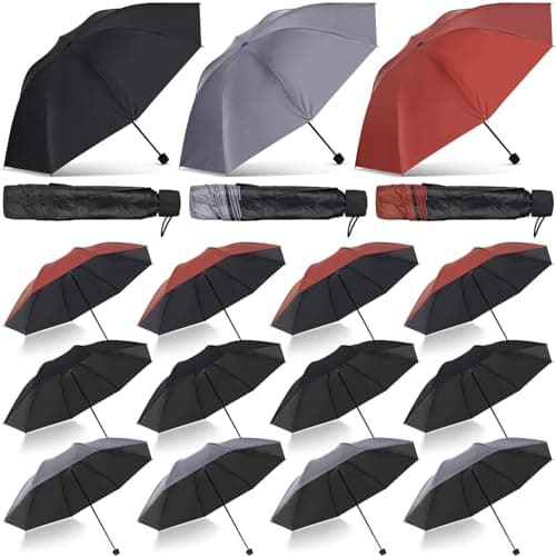 Hillban Set of 12 Windproof Travel Umbrella Folding Umbrella Bulk Rain Umbrellas Portable Travel Umbrellas Strong Compact Umbrella for Wind Rain Sun Car Backpack Men Women(Red, Black, Grey)