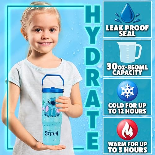 Get Trend Disney Stitch Insulated Tumbler Flip Up Straw & Handle, Metal Travel Water Bottle 850ml/30oz, Thermal Double Wall Vacuum, Hot & Cold Drinks (Blue Stitch) — view 2