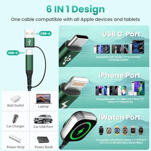 Travel Essentials for iPhone iWatch Charger 3 in 2 USB Cable, 2Pack 5FT — view 3