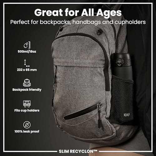 Ion8 Water Bottle, 500 ml/18 oz, Leak Proof, Easy to Open, Secure Lock, Dishwasher Safe, BPA Free, Hygienic Flip Cover, Carry Handle, Fits Cup Holders, Easy Clean, Carbon Neutral, Black — view 2