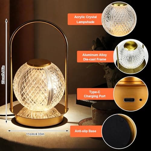 Cordless Rechargeable Table Lamp - Protable Metal Gold Table Lamp, Crystal Vintage Lantern Table Touch Light, 3 Color Stepless Dimming Battery Operated Light for Indoor Outdoor, Camping, Bedroom(Gold) — view 2