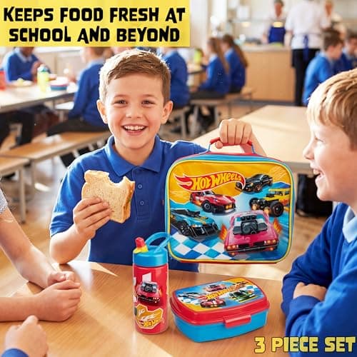 Get Trend Hot Wheels Insulated Lunch Bag Set for Boys, 3 Pcs Kids BPA Free Bento Lunch Box 420ml Water Bottle with Straw & Food Bag, Travel Picnic Supplies, School Essentials (Multi Hot Wheels) — view 3