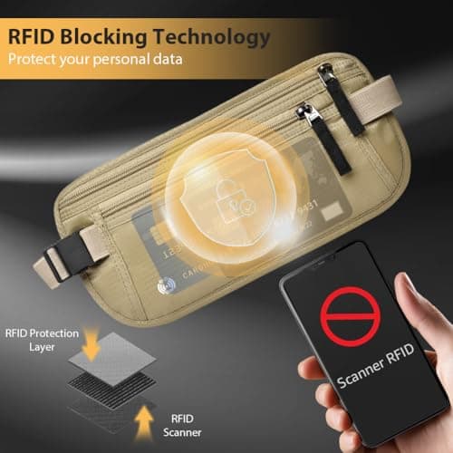 DiULi Bum Bag with RFID, RFID Blocking Anti-Theft Passport Holder Waist Bagfor Passport Holder Cash Phone, Hidden Travel Wallet for Secure Travel, Underclothes Bum Bag for Men & Women, Khaki — view 3