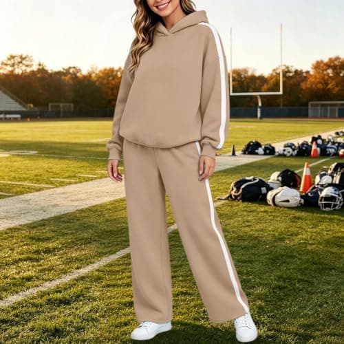 Womens Khaki Travel Outfits Two Piece Hoodie Trouser Set — view 5