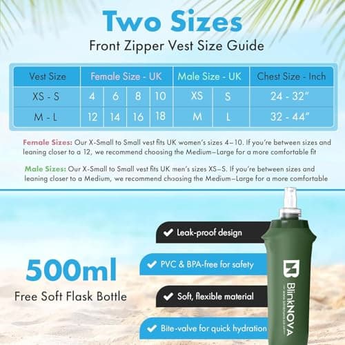 BlinkNova Running Vest with Phone Holder, Reflective Hydration Vest with Adjustable Waistband and Collapsible Water Bottle, Adjustable Unisex Hiking Accessories (Front Zipper - XS/S) — view 2