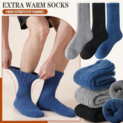 Sandsuced Merino Wool Thermal Boot Socks for Men Women Winter Warm Thick Cosy Walking Hiking Work Stocking Fillers Socks 3 Pairs(Blue/Black/Grey,L) — view 6