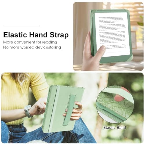 HoYiXi Universal Case for 6.8 Inch 7 Inch Kindle eReaders Compatible with Paperwhite/Kobo/BOOX T68/iReader Ocean,6.8-7" eReaders Protective Case Cover Elastic rope,Green, Green leaves — view 2