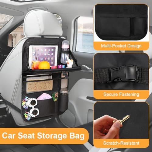 URAQT Car Seat Organizer, Car Organiser for Kids, 8 Storage Pockets with Foldable Table Tray and Tablet Holder, Multifunctional WaterProof Back Seat Protector, for SUV, Truck, Travel Accessories — view 3