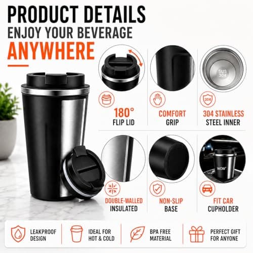 wowtravel Insulated Travel Mug Stainless Steel Coffee Cup Leakproof Vacuum Flask Hot and Cold Drinks 380ml 500ml Reusable Cup with Lid Fits Car Cup Holder Black Khaki (Khaki, 500ml) — view 6