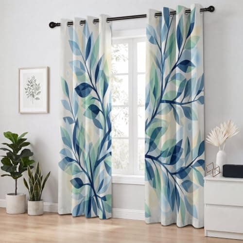 Light Blue Mint Green Botanicals Eyelet Blackout Curtains Bedroom — view 3