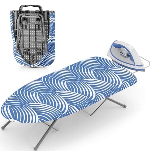 KINGRACK Foldable Small Ironing Board with Iron Rest, 30×76 cm,Blue & White