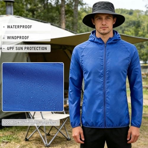 ADUDVLO Men's Lightweight Waterproof Jacket with Pockets, Packable Hooded Windproof Rain Jacket for Travel, Running & Hiking – Includes Carry Pouch (UK, Alpha, L, Regular, Regular, Blue) — view 5